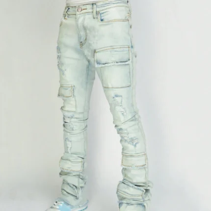 Men's Stacked Jeans Slim Fit Ripped Jeans Destroyed Straight Denim Pants Harajuku Hip Hop Trouser Fashion Streetwear