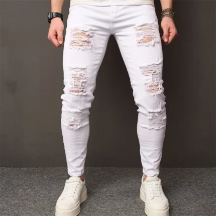 Streetwear Holes Skinny Jeans Stylish Men Stretch Slim Trousers Distressed Ripped Solid Male Casual Pencil Denim Pants