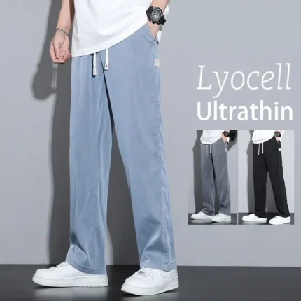 Summer Soft Lyocell Fabric Men's Jeans Thin Loose Straight Pants Drawstring Elastic Waist Korea Casual Trousers Plus Size M-5XL