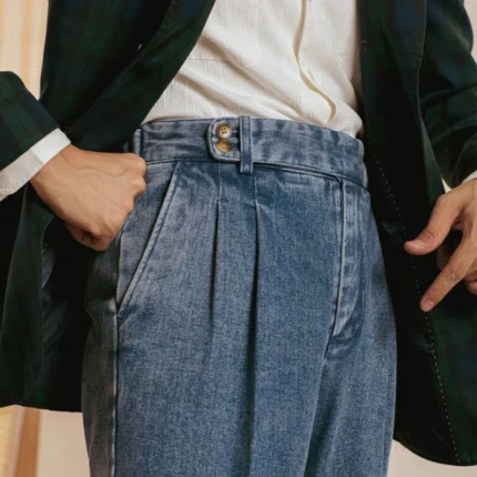 Oldyanup Men Naples Jeans Pants British Styles Double Pleat Waist Buckle Trousers Business Casual Vintage Denim Pant Streetwear