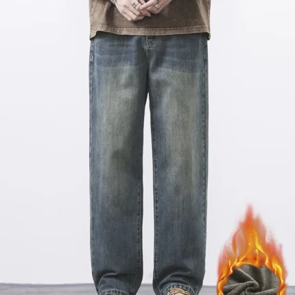 Winter New Fleece Baggy Straight Jeans Men Fashion Korean Classic Wide Leg Denim Pants Thickened Warm Vintage Blue Male Trousers